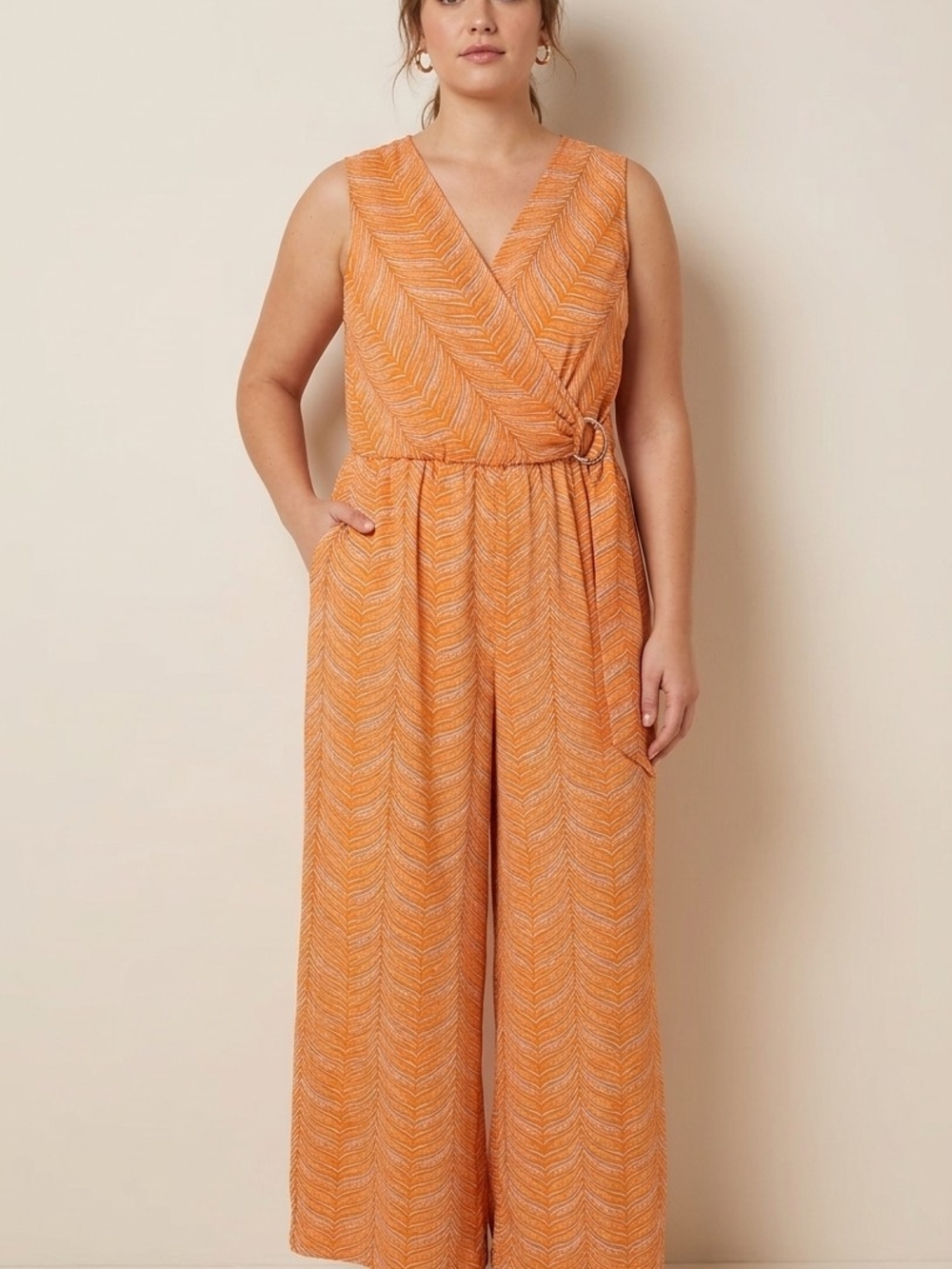 Sleeveless Orange Wide-Leg Wrap Jumpsuit
